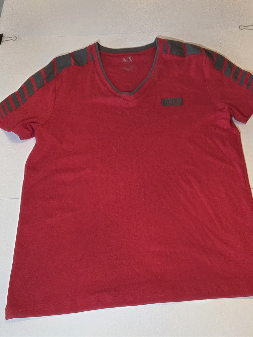 A/X Armani Exchange Red V-Neck Short Sleeve Tee with Gray Shoulder Stripes - Picture 3 of 10